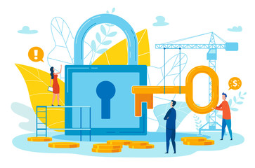 Strategy Flyer Lifting Key to Well Cartoon Flat.