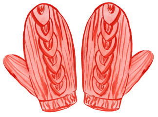red knitted mittens. pigtail pattern, watercolor illustration for prints, cards and banners