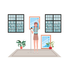 young woman with microphone with stand on white background