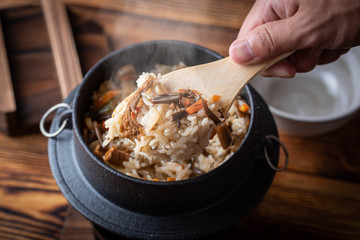 Kamameshi, japanese pot rice with autumn ingredients