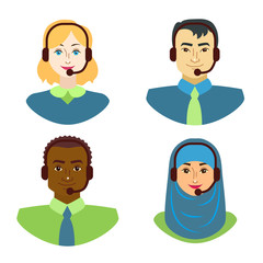 Cartoon Color Characters People Multiracial Call Center Avatars Icons Set. Vector