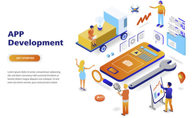 App development modern flat design isometric concept. Smartphone and people concept. Landing page template. Conceptual isometric vector illustration for web and graphic design.