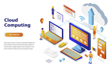 Cloud computing modern flat design isometric concept. Business technology and people concept. Landing page template. Conceptual isometric vector illustration for web and graphic design.