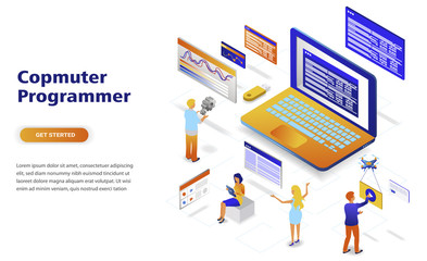 Computer programmers modern flat design isometric concept. Software development and people concept. Landing page template. Conceptual isometric vector illustration for web and graphic design.