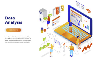 Data analysis modern flat design isometric concept. Analytics and people concept. Landing page template. Conceptual isometric vector illustration for web and graphic design.