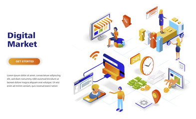 Digital marketing modern flat design isometric concept. Advertising and people concept. Landing page template. Conceptual isometric vector illustration for web and graphic design.