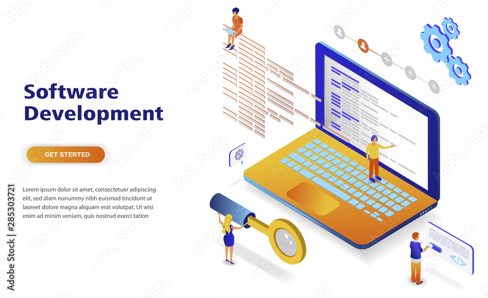 Wall mural software development modern flat design isometric concept. developer and people concept. landing pag