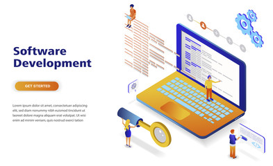 Software development modern flat design isometric concept. Developer and people concept. Landing page template. Conceptual isometric vector illustration for web and graphic design.