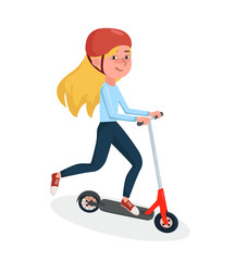 Young Girl riding two-wheeled electric scooter. Female character. Vector Isolated cartoon illustration