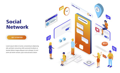Social network modern flat design isometric concept. Communication and people concept. Landing page template. Conceptual isometric vector illustration for web and graphic design.