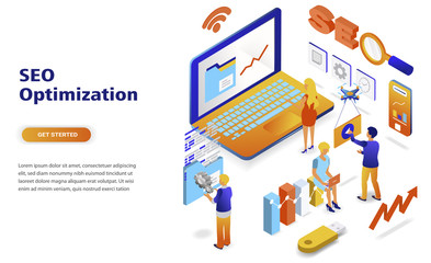 Seo optimization modern flat design isometric concept. Search engine and people concept. Landing page template. Conceptual isometric vector illustration for web and graphic design.