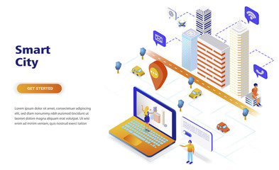 Smart city modern flat design isometric concept. Architecture and people concept. Landing page template. Conceptual isometric vector illustration for web and graphic design.