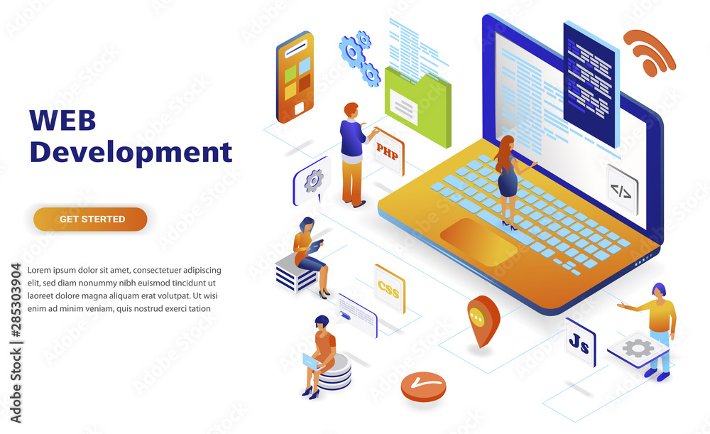 Wall mural web development modern flat design isometric concept. developer and people concept. landing page tem