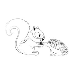 Squirrel and porcupine with nut cartoon in black and white