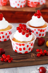 Sweet vanilla cupcakes with berry jam  filling and cheese cream, decorated with summer berries on colorful background.