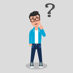 Young man standing below the question mark with finger on his chin. Thinking, making choice, contemplation. Dilemma concept. Stock vector illustration, flat style, clip art.