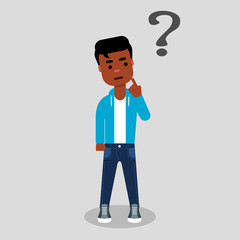 Young African american standing below the question mark with finger on his chin. Thinking, making choice, contemplation. Dilemma concept. Stock vector illustration, flat style, clip art.
