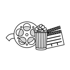 clapboard cinema with tape and popcorn
