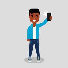 A young African American man is taking a selfie. Boy taking picture of himself. He is standing and smiling in jeans and sweatshirt, holding the phone. Vector stock illustration, flat style, clip art.