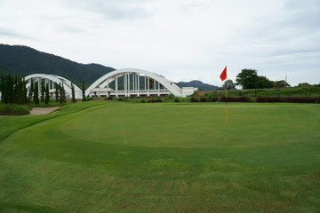 view at the beautiful golf course with white bridge railway