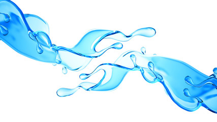 Splash of clear blue liquid, water. 3d illustration, 3d rendering.