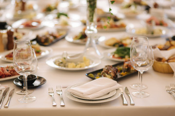 Table with mixed food. Banquet in restaurant, table setting. Differend meals for the guests. Fresh food