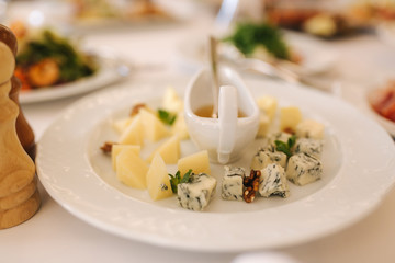 Appetizer in restaurant. Banquet concept. Plate with cheeses with honey. parmesan, brie, camembrt, maasdam