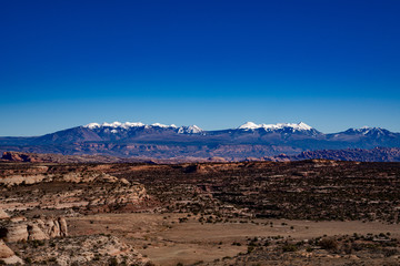 View of the rocky mountains from Arches national park