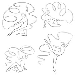 Collection. Rhythmic gymnastics. Silhouette of a girl with a ribbon. Beautiful gymnast. The woman is slim and young. Vector illustration set.