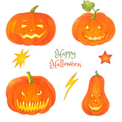 Watercolor set of halloween pumpkins.