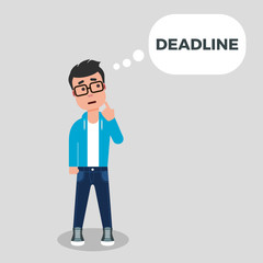 Young man thinking about deadline. Deadline concept. Creative crisis. Character is standing with finger on his chin and speech bubble above his head. Stock vector illustration, flat style, clip art.