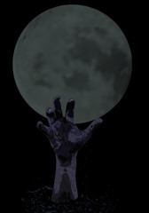 Zombie hand rising out from the ground on the background of the full moon. Element design for Halloween on black background. Vector