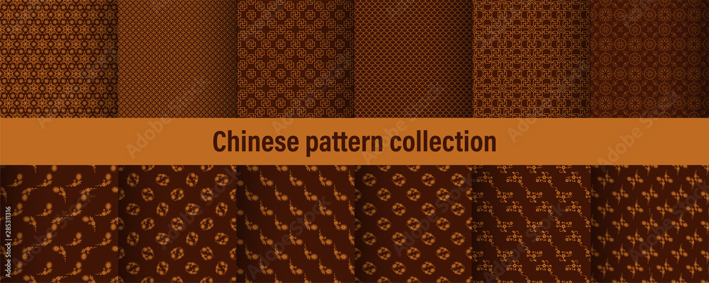 Poster Set of chinese pattern. Modern background design. Vector template set. Vintage abstract seamless chinese traditional pattern. Endless texture for wallpaper, pattern fills, web page, surface textures.
