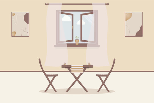 Cute kitchen home interior. Indoor furniture: table and chairs, cups of coffee or tea.Modern abstract paintings on wall.Open window with transparent curtains and plant in pot.Vector illustration