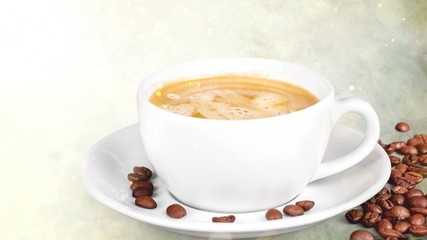 Coffee cup and coffee beans on wooden background