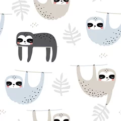 Fotobehang Scandinavische stijl Naadloos kinderachtig patroon met grappige luiaards. Creatieve kindertextuur voor stof, verpakking, textiel, behang, kleding. vector illustratie