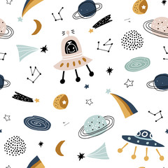 Childish seamless pattern with aliens, ufo in cosmos. Trendy scandinavian vector background. Perfect for kids apparel,fabric, textile, nursery decoration,wrapping paper