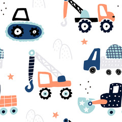 Seamless childish pattern with hand drawn building cars. Creative kids texture for fabric, wrapping, textile, wallpaper, apparel. Vector illustration © solodkayamari