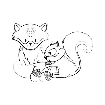 Cute fox and squirrel with nuts cartoons in black and white