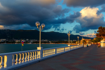 Embankment Of Gelendzhik. Beautiful balustrade on the background of Gelendzhik Bay and the Caucasus...
