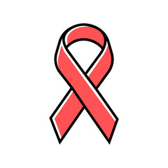 Awareness ribbon color icon. Public awareness to disability, medical conditions and health. Support fight against problem. Short piece red ribbon folded in loop. Isolated vector illustration