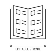 Business catalog, reference book linear icon. Catalogue, restaurant menu thin line illustration. School textbook contour symbol. Information booklet vector isolated outline drawing. Editable stroke