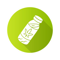 CBD drink flat design long shadow glyph icon. Weed product. Cannabis industry. Ganja cocktail. Relaxing beverage. Bottle with herbal liquid. Marijuana legalization. Vector silhouette illustration