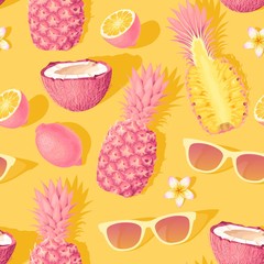 Flowers and exotic fruits vector seamless pattern
