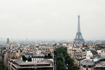 Fototapeta na wymiar Paris view with Eiffel Tower in a foggy day. Misty romantic cityscape of Paris. 