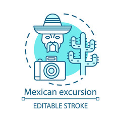 Mexican excursion concept icon. South American desert sights. Tour of Mexico. Camera, men head in sombrero, saguaro cactus idea thin line illustration. Vector isolated outline drawing. Editable stroke