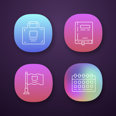 Office accessories app icons set. UI/UX user interface. Web or mobile applications. Business supplies vector isolated illustrations. Working notepad, calendar, businessman briefcase and small flag