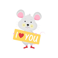 Isolated cute cartoon Mouse with table I love you