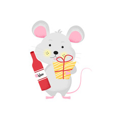 Isolated cute cartoon Mouse with gift