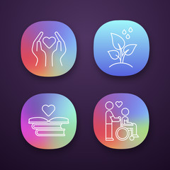 Volunteering app icons set. Charity project, disabled people help, trees planting, educational books distribution. UI/UX user interface. Web or mobile applications. Vector isolated illustrations